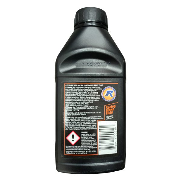 R EXTREME High Boiling Point DOT 4 Racing Brake Fluid, 500 millilitres, Rear of bottle