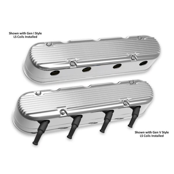 HOLLEY Two Piece Finned Alloy Valve Rocker Cover, L S 1, L S 2, L S 3, L S 6 and L S 7 engines, Polished Aluminium - Top View with Coils Fitted