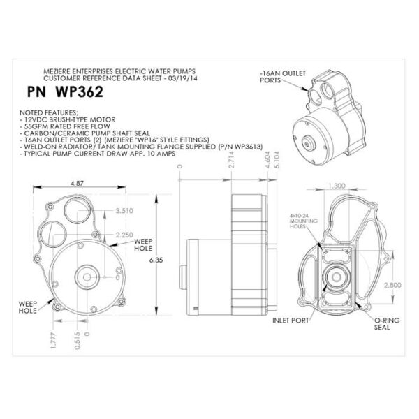 MEZIERE Universal Radiator Mount 55 Gallons Per Minute Electric Water Pump (Dual Outlet) - Schematic View