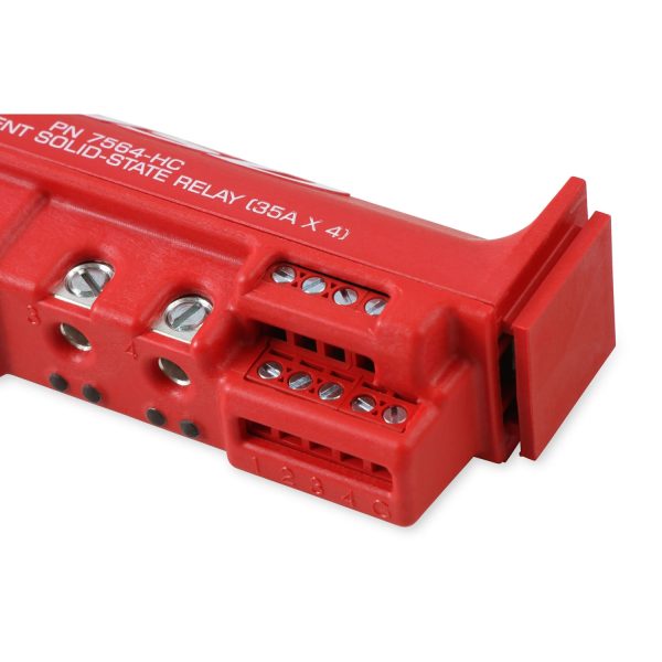 M S D 7-20 Volt 140 Amp High Current Solid State Relay Block, 4 x 35 Amps, Red - Terminals Close Up